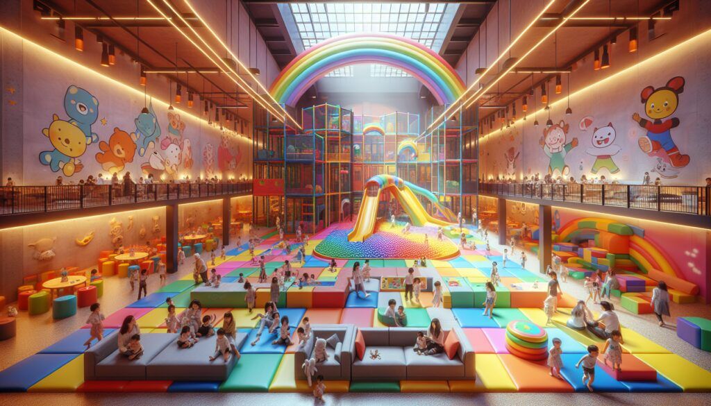 Parque infantil de exterior con zonas de juegos blandos y decoracion infantil