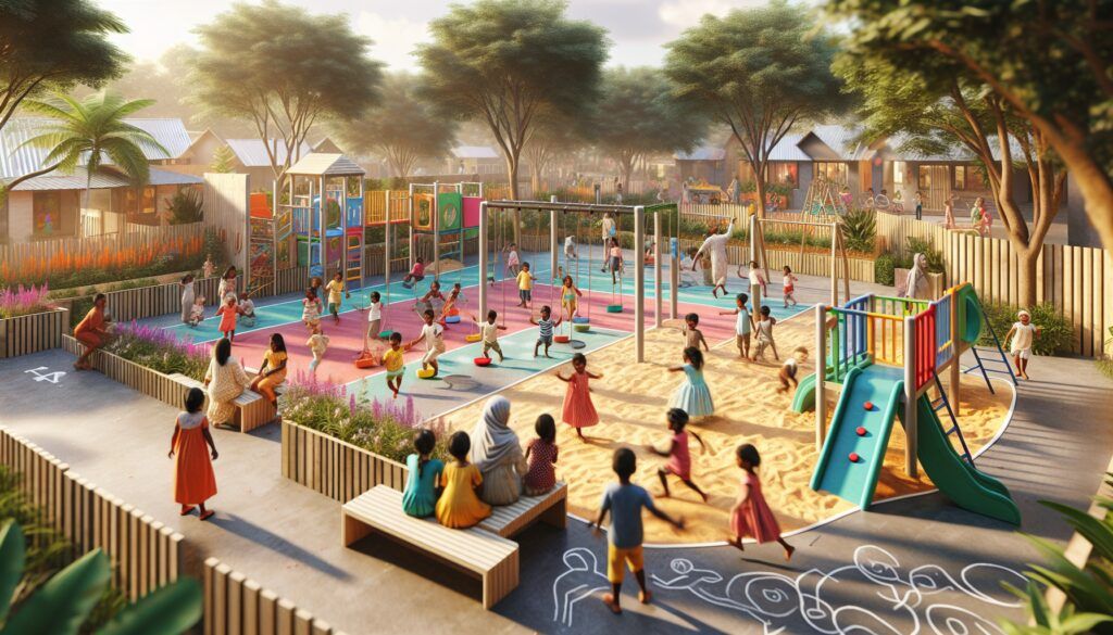 Parque infantil económico de exgterior con columpios, parque y arenero