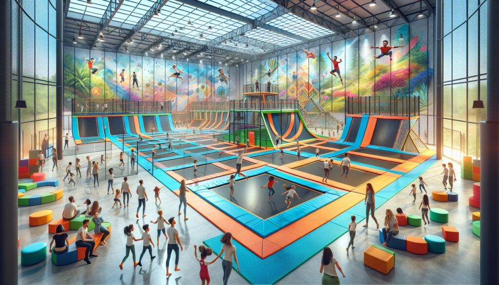 Parque de camas elásticas con multiples juegos en el interior