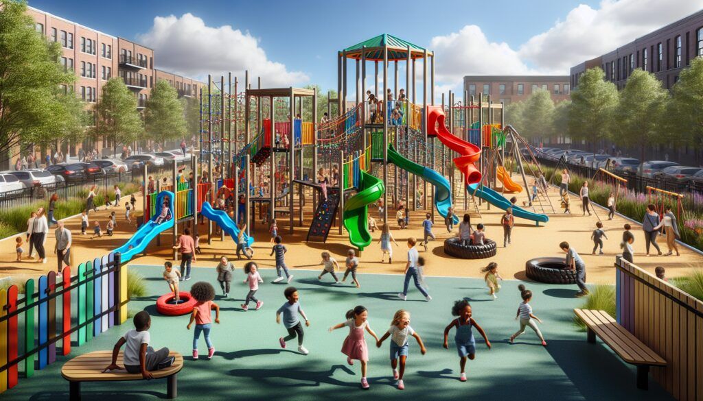 Parque infantil de exterior con multiples juegos y toboganes con niños jugando