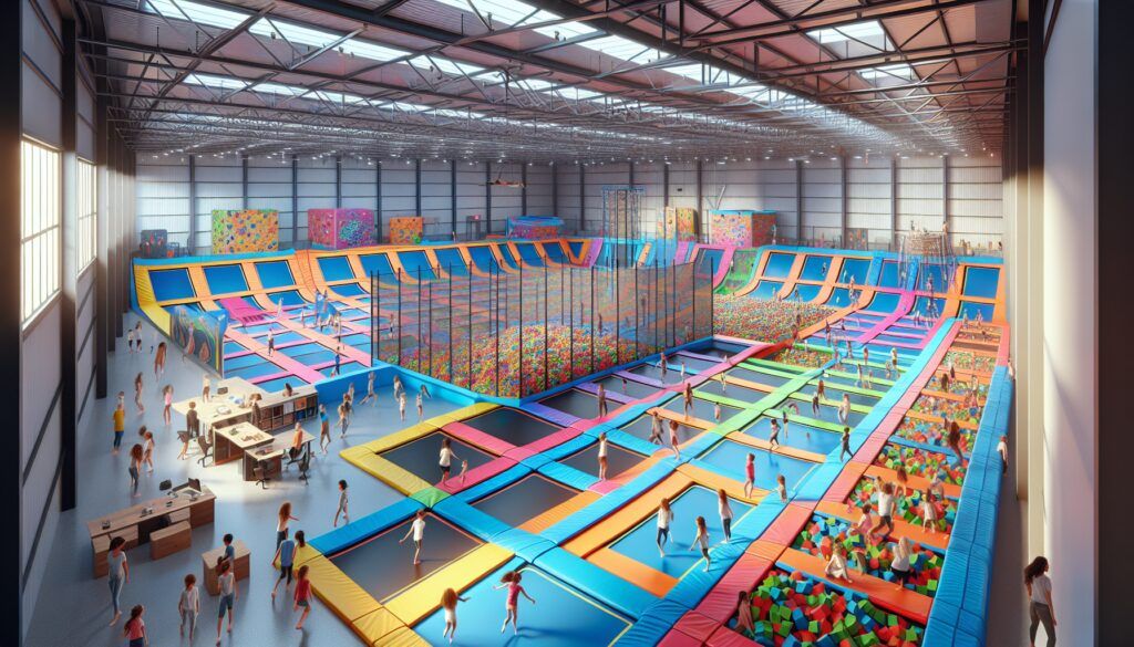 Trampoline park giganyte con mega piscina de bolas central y muchos fosos de cubos de espuma