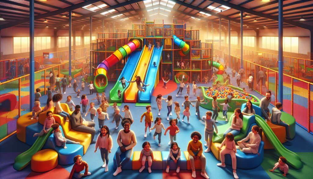 Chiquipark con 5 niveles, y diferentes toboganes con niños y familias jugando