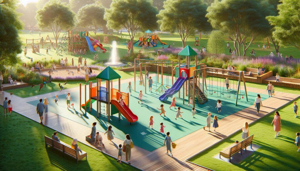 Parque infantil de exterior en parque, con fuentes y niños jugando