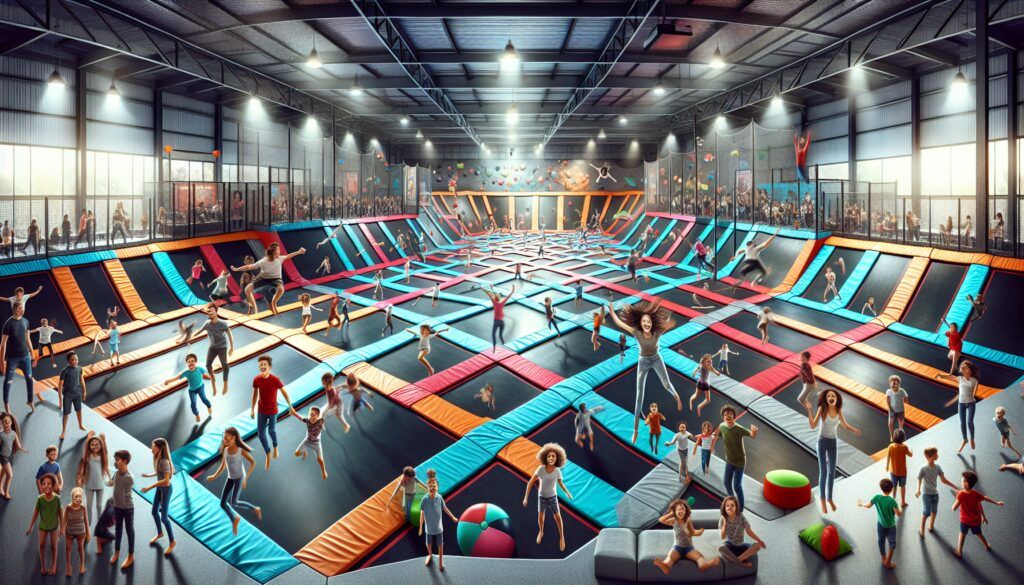 Trampoline Park de interior, con camas de salto inclinadas y foso de cubos de espuma