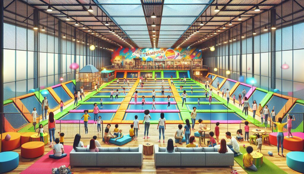 Trampoline park de interior para niños y mayores con decoración infantil