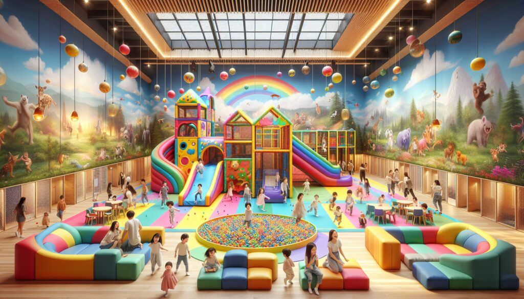 Parque infantil de interior con hinchables y zona de juegos blandos