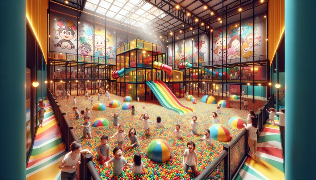 parque infantil de interior con gran piscina de bolas y multiples toboganes